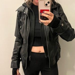 Francesca’s faux leather jacket with built in hoodie